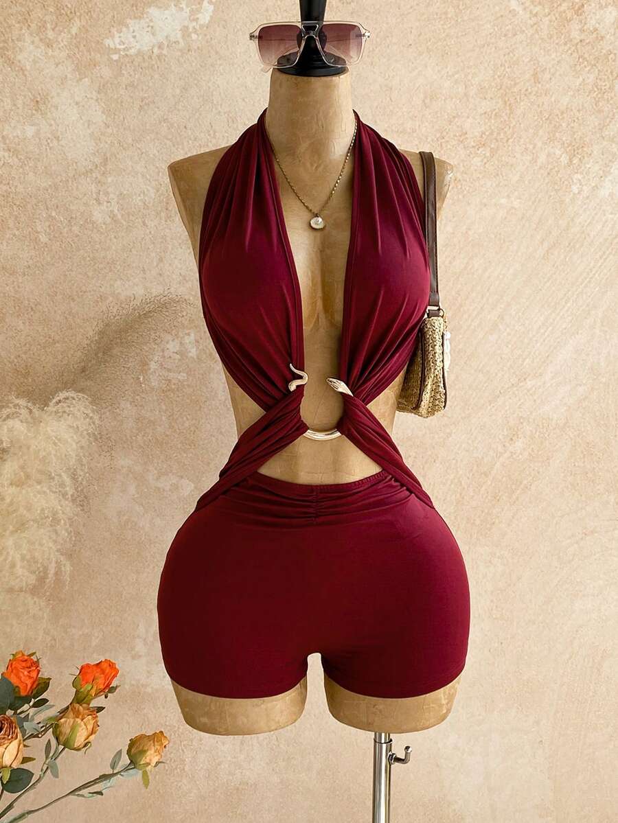 Soleia Bộ jumpsuit nữ màu trơn, kiểu cổ yếm buộc dây, hở lưng, xếp ly, trang trí kim loại, gợi cảm cho buổi hẹn hò và tiệc tùng. - Đỏ - Xem 1