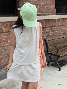 DAZY 2件套少女夏季新款圆领针织蝴蝶结印花无袖T恤和裙子套装 - 淺灰色 - 查看 6