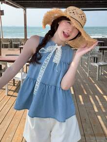 DAZY Women's Summer Round Neck Sleeveless Lace Patchwork Tie-Up Casual Cropped Denim Pullover Top - Medium Wash - View 6