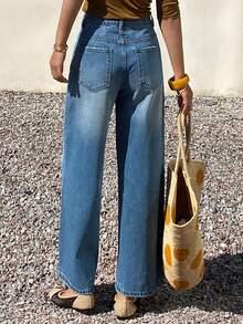 DAZY 女士常规款中腰宽松直筒休闲牛仔裤 - 中等水洗藍 - 查看 3