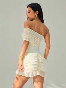 SHEIN PETITE Bodycon Asymmetrical Mesh Off Shoulder Mini Dress - Apricot - View 2