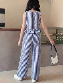 日常休闲少女长款条纹圆领背心套装，条纹长裤两件套，少女两件套，学院风两件套，女士条纹套装 - 藍白色 - 查看 2