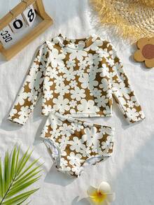 SHEIN Playful Pals Baby Girls Floral Print Long Sleeve Swimsuit Set,Holiday Casual Fitted Rash Guard Bathing Suit,Toddler Flower Two Piece Beach Wear Romper,3t Clothes - Multicolor - View 2
