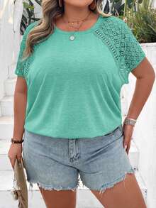 SHEIN CURVE+ Plus Size Color Block Lace Splicing Short Sleeve T-Shirt, Suitable For Beach Vacation In Summer Boho Vacation - Green - View 8