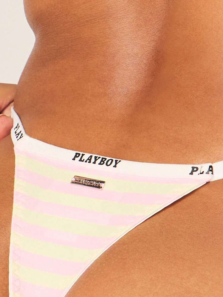 Missguided x Playboy Striped Thong Underwear With Elastic Waistband Logo Print Comfortable Everyday Intimate Lingerie Bottom