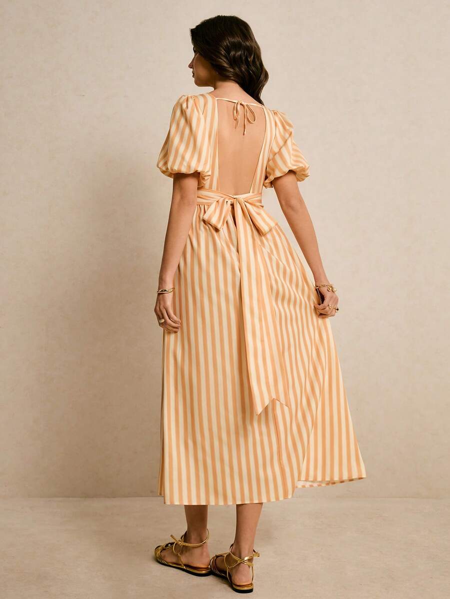 Poéselle Women's Orange And White Striped Puff-Sleeve Maxi Dress,Backless Tie-Bow Waist Elegant Summer Vacation Holiday Beach Sundress,Flowy A-Line Boho Outfit - Pale Yellow - View 1