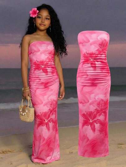 Tween Girls' Pink Floral Print Tube Top Snug Fit Dress, Open Slit, Suitable For Beach, Hawaii, Casual, Fashion, Versatile, Party, Outing, Sister Photo Shoot, Park, Camping, Vacation, Daily Casual