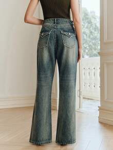 Anewsta Quần jeans ống loe màu xanh dương kiểu retro có túi dành cho nữ. - Màu xanh lam - Xem 2