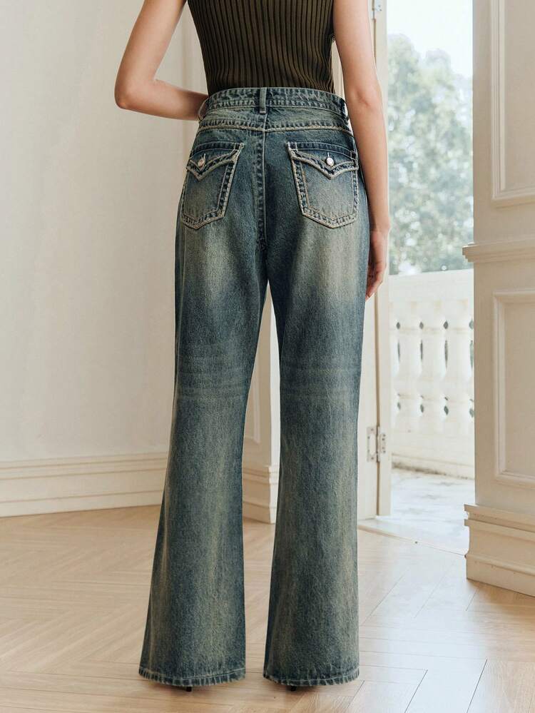 Women's Fashionable Pocketed Retro Blue Flare Jeans Boot Cut Jeans Flared Jean