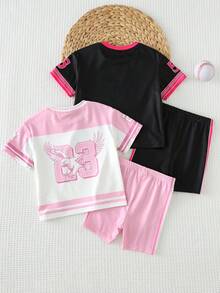 Cozy Pixies 4件套女婴字母印花柔软针织圆领短袖上衣和松紧腰短裤套装 - 彩色 - 查看 2