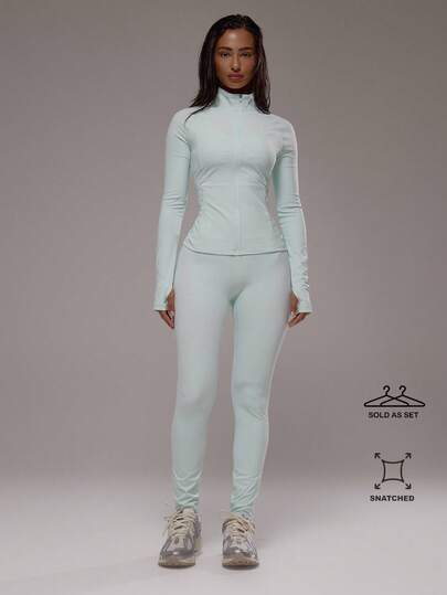 Musera Sport Fitted Zip BBL Active Jacket And Straight Waistband Legging Set Sport Workout Gym Pilates Fitness Daily Casual Smoky Quartz