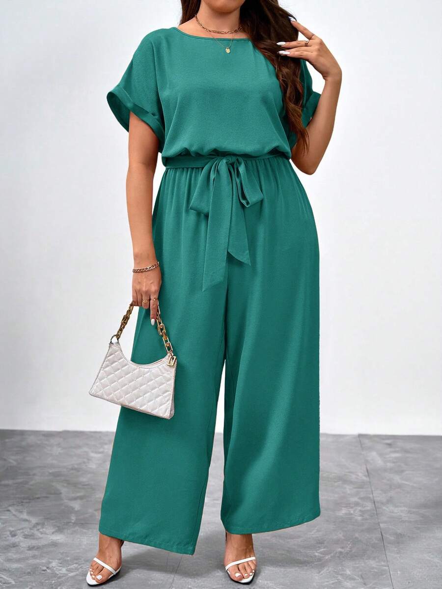 SHEIN Clasi Plus Size Elegant Round Neck Jumpsuit With Waist Belt And Wide Leg - Teal Blue - View 1