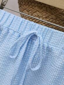 GlowEve 2pcs/Set Women's Summer Pleated Bust Bohemian Holiday Camisole And Shorts Set, Leisure Holiday Outfit - Blue and White - View 4