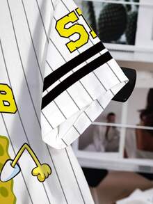 SpongeBob SquarePants | SHEIN Women Cartoon Print Striped Round Neck Short Sleeve T-Shirt - White - View 6