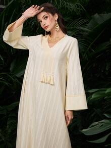 Al Najma New Jacquard Patchwork Fringe Trim Long Robe, Turkish Kaftan - Apricot - View 6