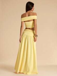 SHEIN BAE 女士黄色针织裹身上衣和中低腰鱼尾裙两件套，优雅黄色两件套，适合海滩度假、鸡尾酒会、周末聚会 - 黃色 - 查看 2