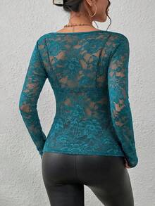 Firerie Áo ren dài tay, màu trơn, vai thường, gợi cảm dành cho nữ - Màu xanh lá cây đậm - Xem 2