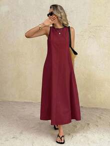 SHEIN Frenchy 女士休闲撞色滚边圆领无袖连衣裙 - 酒紅色 - 查看 6