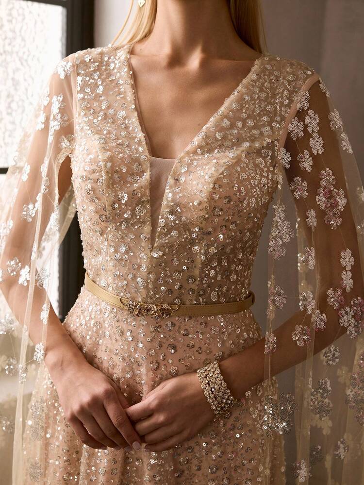 WOMEN'S NEW APRICOT EMBROIDERED MESH CAPE-STYLE FORMAL DRESS, DEEP V-NECK WAIST CINCHED LONG GOWN, LUXURY RUNWAY STYLE EVENING DRESS