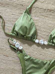 Swim Chiccia Women's Jacquard Fabric Beaded Halter Bikini Set, Spring/Summer - Army Green - View 5