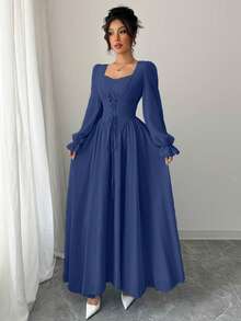 Modelyn Gaun Pesta Panjang Elegan Wanita Warna Polos dengan Ikat Pinggang dan Detail Kerut - Royal Blue - View 4