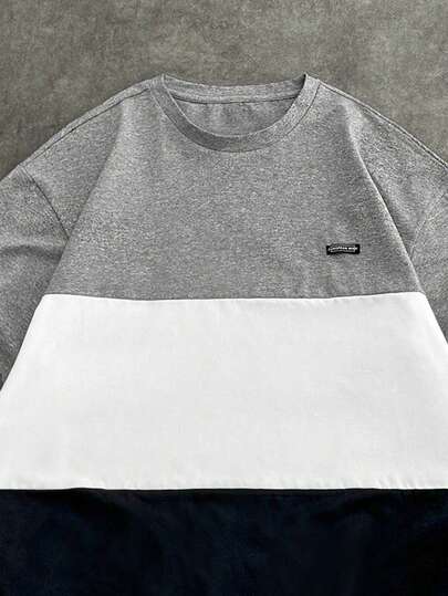 SWAVVY 男士休闲撞色字母贴片圆领短袖T恤，夏季