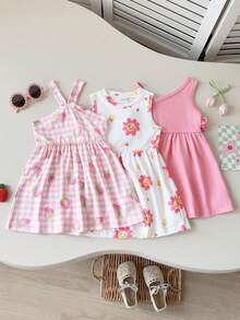 SHEIN Playful Pals Set de 3 vestidos sin mangas de colores alegres para niñas bebés, para uso en verano y al aire libre - Multicolor - Ver 3