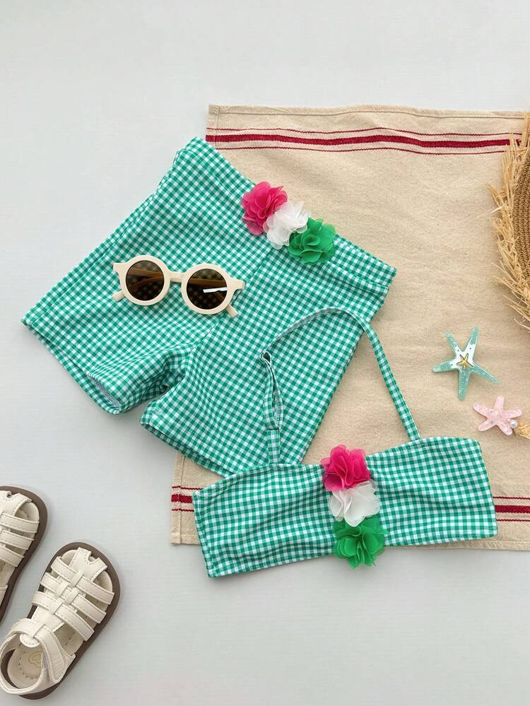 Young Girl Floral Decor Plaid Halter Swimwear Set For Beach Vacation Summer