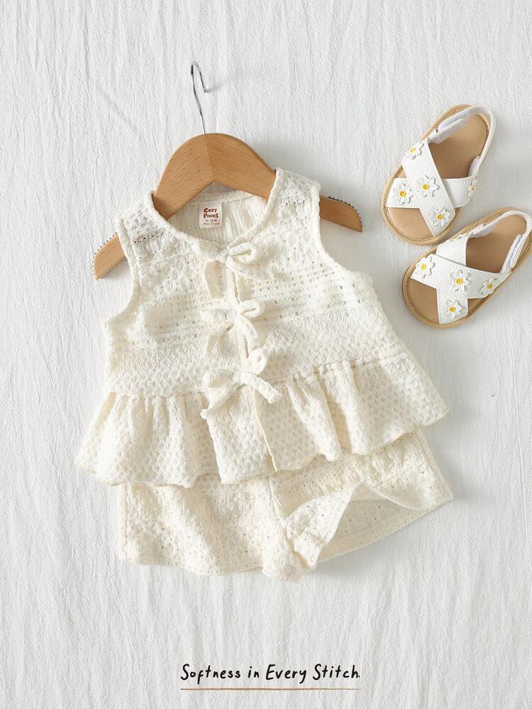 Cozy Pixies Set de 2 piezas de top de cárdigan sin mangas de cuello redondo de punto suave de unicolor y pantalones cortos de cintura elástica para niña bebé - Albaricoque - Añade 9