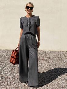 DAZY Women's Round Neck Short Sleeve Frill Trim Denim Shirt And Loose Fit Pants Casual Denim Outfit - Grey - View 2