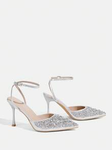 CUCCOO TILAWA Women's Pointed Toe Rhinestone Embellished Stiletto Heels, Sexy & Fashionable Ankle Strap Party/Club Pumps - Silver - View 4