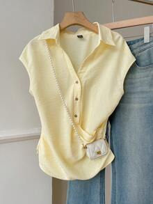 SHEIN EZwear 女士黄色梭织单排扣褶裥休闲衬衫 - 淡黃色 - 查看 4