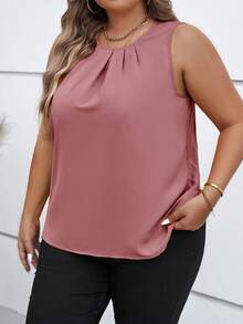 SHEIN Clasi Plus Size Plain Simple Round Neck Sleeveless Shirt - Coral Pink - View 1
