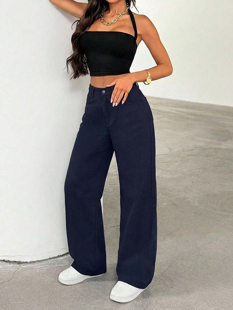 EURMUSE Jeans casual e versatili a vita alta e gamba dritta di colore unito - Blu Navy - Visualizzare 1