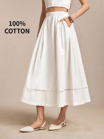 SHEIN X ITS MICH BizChic White Hollow Lace Trim Patchwork Skirt, Elegant Sexy French Vintage Business Date Casual Vacation Halloween Back To School Party Birthday Wedding Guest Church Special Occasion Slimming Elegant Versatile Summer Autumn Commute Office Outing Beach Gathering Social Holiday Shopping Travel Formal Vacation Style Country Style Slouchy Luxury