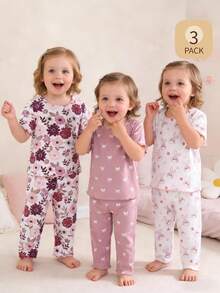 Baby Girls' Pink Floral Rabbit Bow Print Short Sleeve Top And Pants Set - Multicolor - View 8