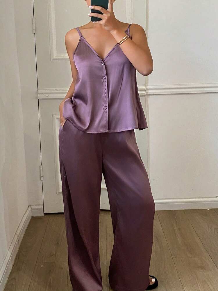 Women's Elegant Purple Satin Camisole And Pants Sleepwear Set