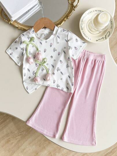 SHEIN Playful Pals 两件套女婴夏季新款时尚休闲上衣，蝴蝶结装饰，搭配黑色喇叭裤，修身显高。