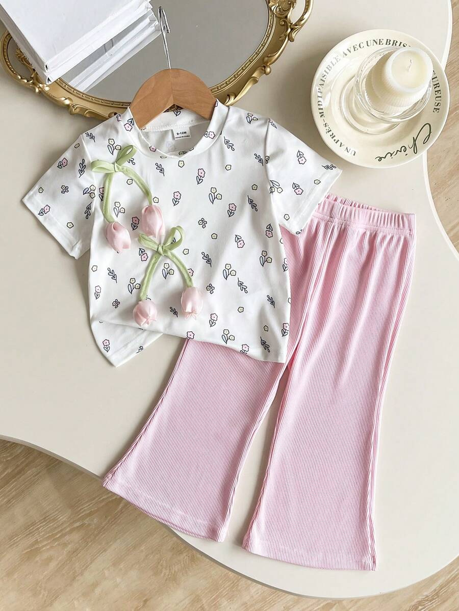 SHEIN Playful Pals 两件套女婴夏季新款时尚休闲上衣,蝴蝶结装饰,搭配黑色喇叭裤,修身显高。 - 粉色 - 查看 1
