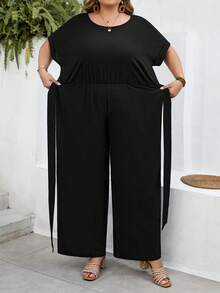 SHEIN CURVE+ Kích cỡ US22 (dành cho người có đường cong cơ thể) Bộ jumpsuit nữ phong cách Bohemia thanh lịch, cổ tròn, ôm sát, ống rộng, thích hợp cho lễ hội âm nhạc, kỳ nghỉ bên bờ biển. - màu đen - Xem 5