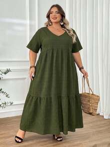 SHEIN CURVE+ Váy Maxi Đi Biển Cỡ Lớn Phong Cách Boho Mùa Hè/Đồng Quê/Trang Phục Kỳ Nghỉ Biển/Trang Phục Bãi Biển/Trang Phục Bãi Biển - Màu xanh lá cây đậm - Xem 6