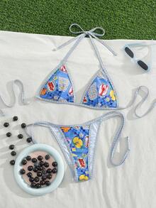 Swim Vcay 2pcs/Set New Random Print Halter Sexy Elegant Vacation Bikini Set, Suitable For Beach, Pool, Party - Multicolor - View 3
