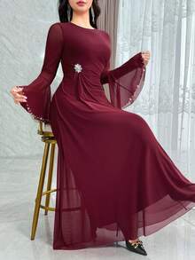 Feyla Vestido de mujer de unicolor elegante con decoración de rhinestones y mangas acampanadas - Burdeos - Ver 3