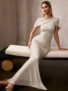 MOTF Soiréza ELEGANT ROUND NECK COLORFUL RHINESTONE DETAIL NECKLINE ASYMMETRIC CAPE-STYLE FLUTTER SLEEVES MAXI PARTY GOWN – ALL-OVER RHINESTONE FABRIC - Apricot - View 9