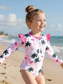 SHEIN Baby Girl Flamingo & Palm Tree Print Zipper Front Long Sleeve Romper Swimsuit, Casual Beach Vacation - Pink - View 1