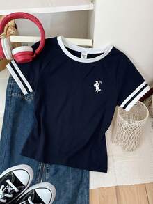 SHEIN Tween Girl Knight Print Round Neck Raglan Short Sleeve Casual T-Shirt - Navy Blue - View 7