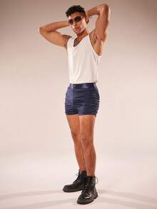 FeverCity Men's Solid Color Tight Knit Shorts - Navy Blue - View 6