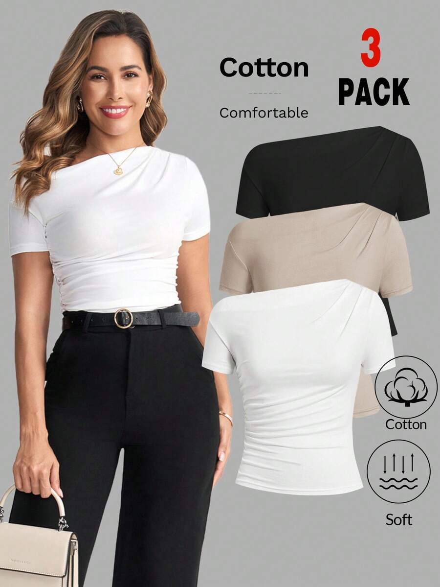 Ellevyn Asymmetric Ruched Short Sleeve Stretchy Knit Solid Color Elegant T-Shirt For Women, Spring/Summer - Apricot - View 1