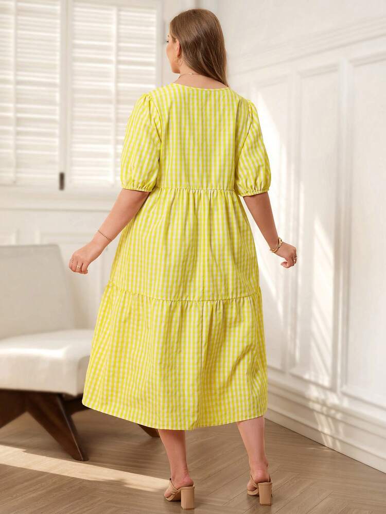 Plus Size Summer Casual Plaid Petal Sleeve Dress Picnic Dress For Woman Plus Size Yellow Dress Yellow Dress Plus Size Casual Outfit For Women Summer Outfits Summer Clothes  Spring  Spring Outfit Women Spring Clothes Beach Vacation Outfits For Women Bohemian