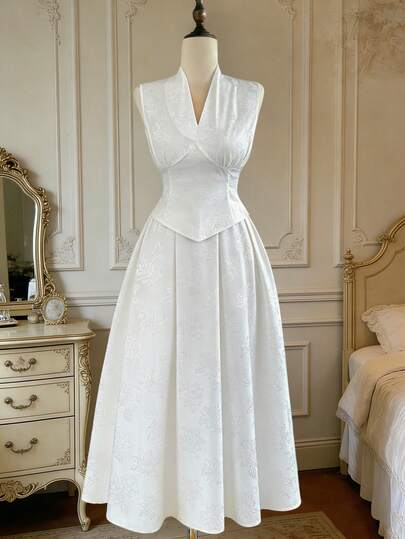 Modelyn Women's Elegant Floral Jacquard Fitted Camisole And Midi Skirt 2 Pieces Set